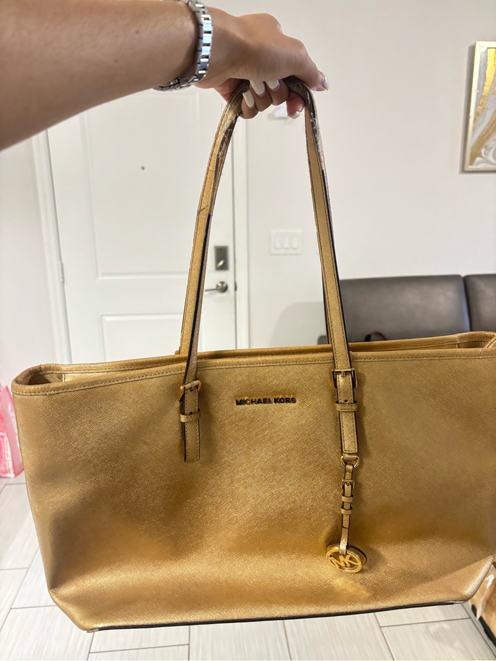 Michael Kors Metallic Gold Saffiano Tote with MK Charm
